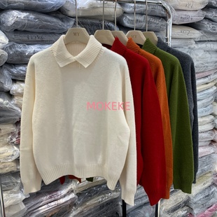 韩系新款 女软糯洋气百搭套头毛衣上衣M6068 羊毛翻领三粒扣针织衫