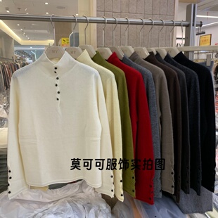 韩系半高领扭扣套头套头针衫女秋冬新款软糯洋气打底毛衣m98178