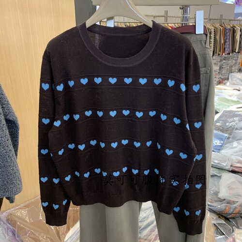 韩系ins风爱心提花圆领针织衫