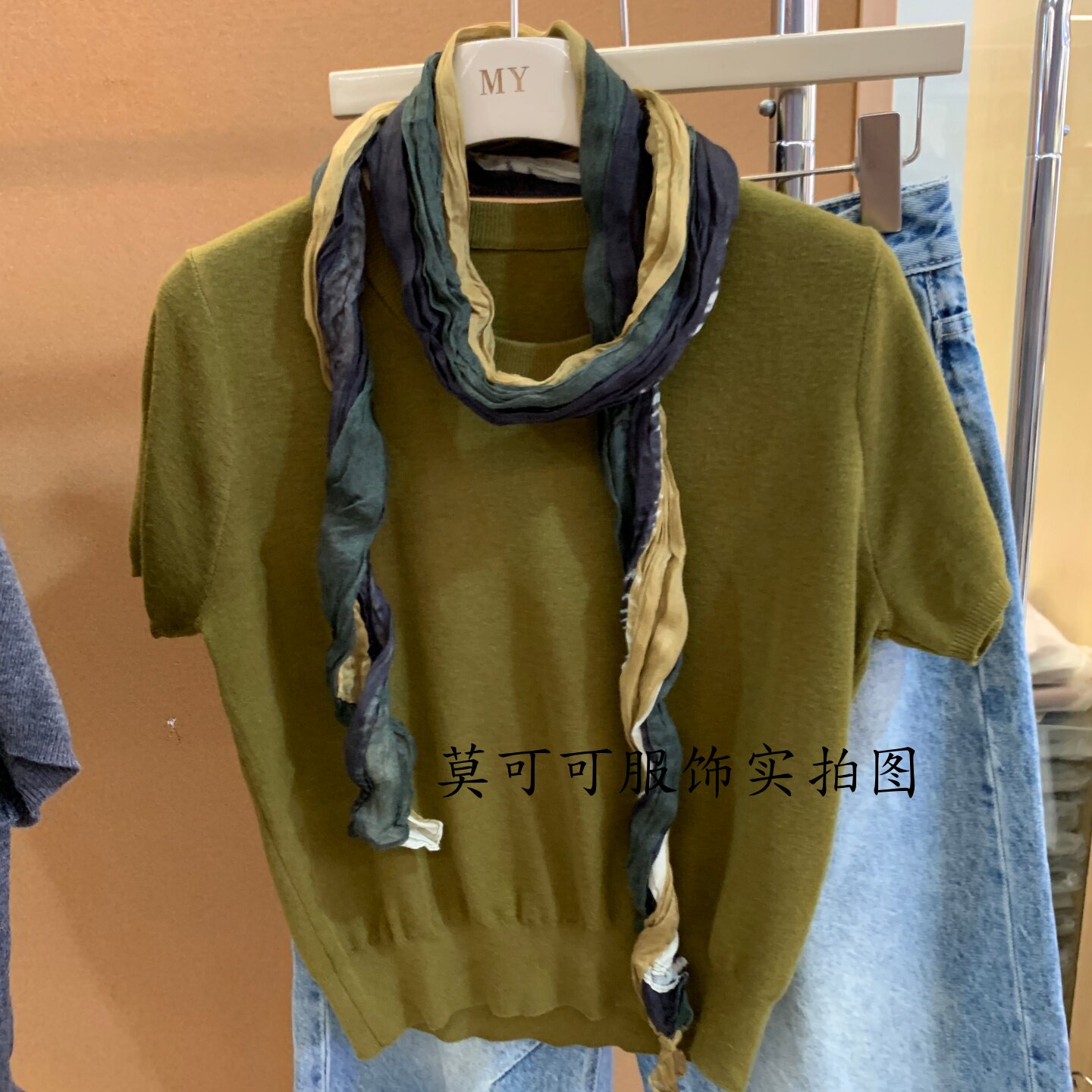韩版圆领短袖丝巾针织衫女显瘦