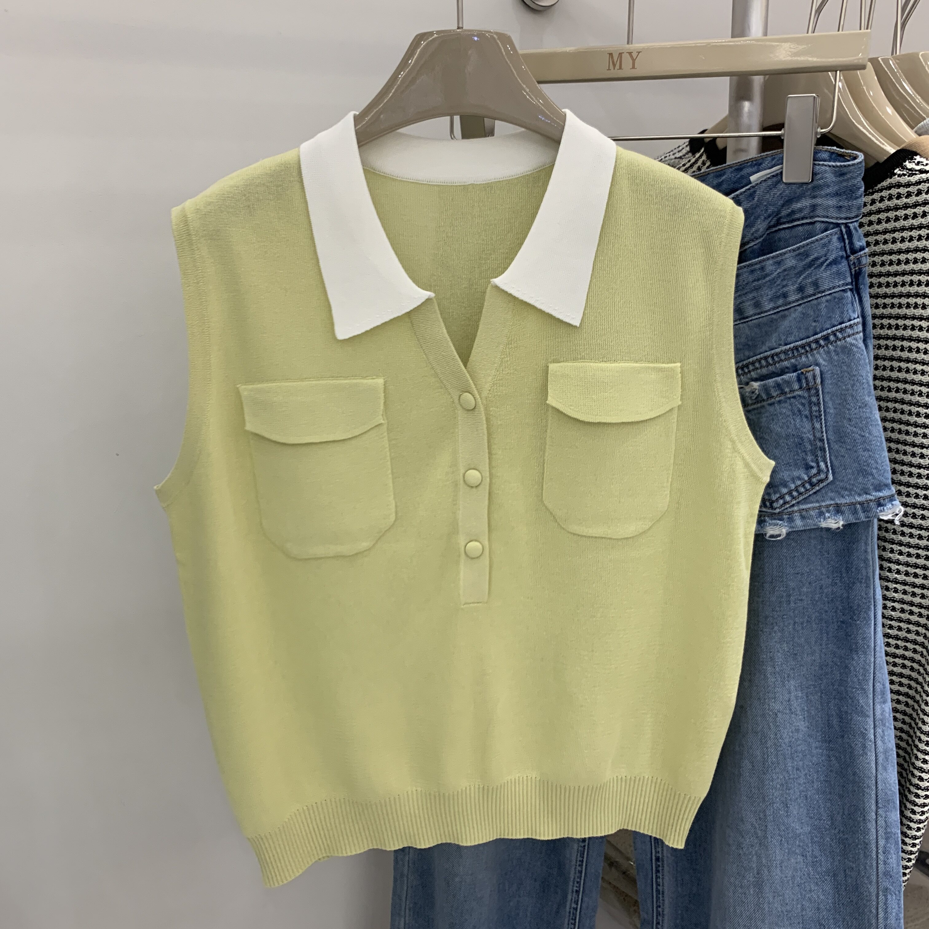 韩系拼色翻领无袖针织马甲女双口袋修身显瘦洋气百搭上衣T恤M