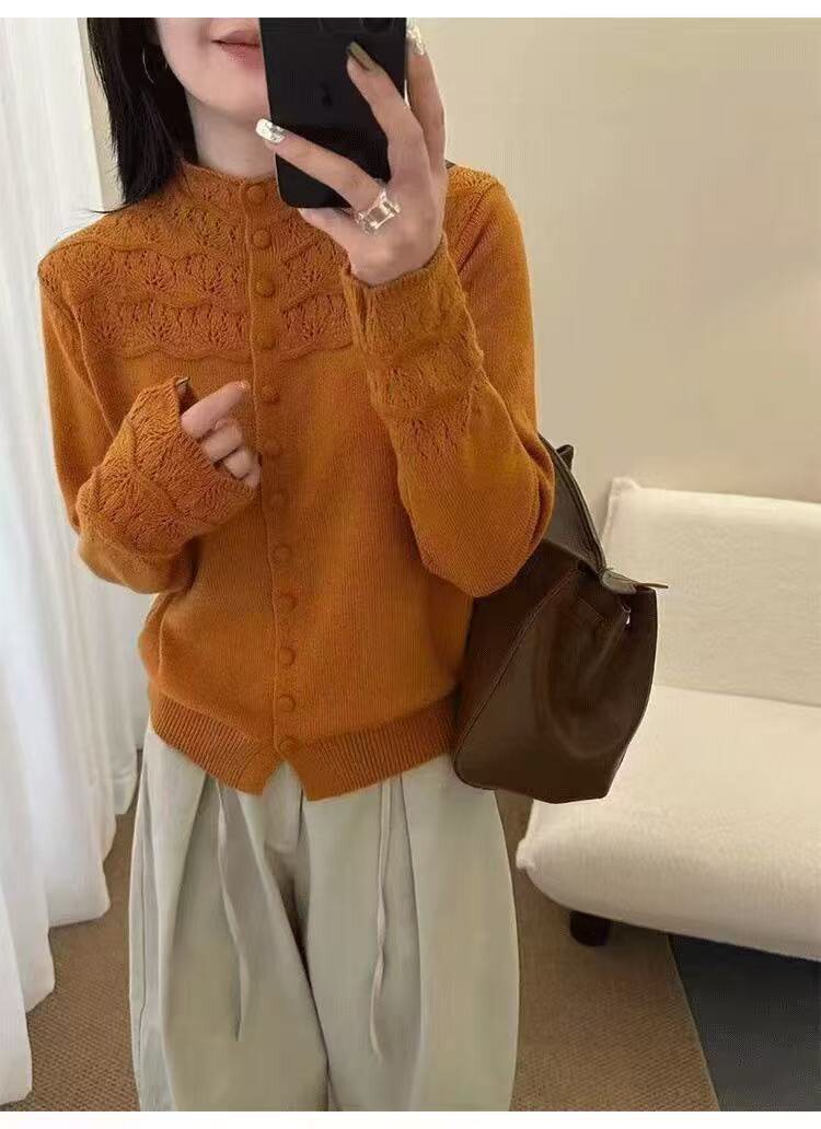 韩系半镂空钩花包扣针织开衫女秋冬新款软糯毛衣外套上衣z89172