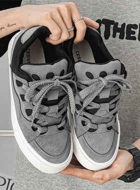 面包鞋子男复古灰色翻毛皮帆布鞋百搭情侣运动休闲男女潮牌滑板鞋
