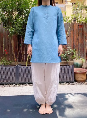 瑜伽谷仓印度传统瑜伽服古典瑜伽服女蓝色亚麻禅修哈他isha上装