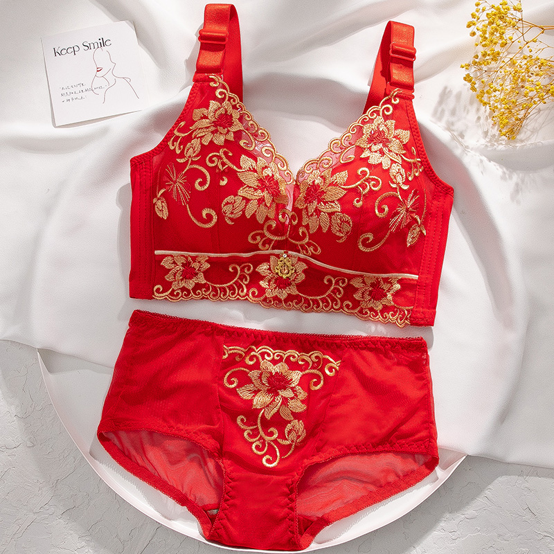 本命年红色结婚内衣无钢圈文胸聚拢调整型刺绣胸罩套装女