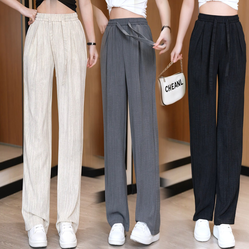 冰丝阔腿裤女夏季2025年新款高腰抽绳肌理感慵懒美式休闲拖地裤子