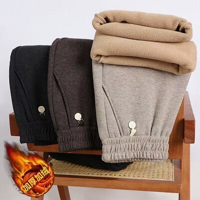 人字纹毛呢裤妈妈中老年秋冬加绒加厚高腰显瘦休闲长裤阔腿裤子女