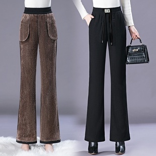 加绒加厚微喇叭裤女秋冬新款雪尼尔大码宽松休闲长裤外穿保暖棉裤