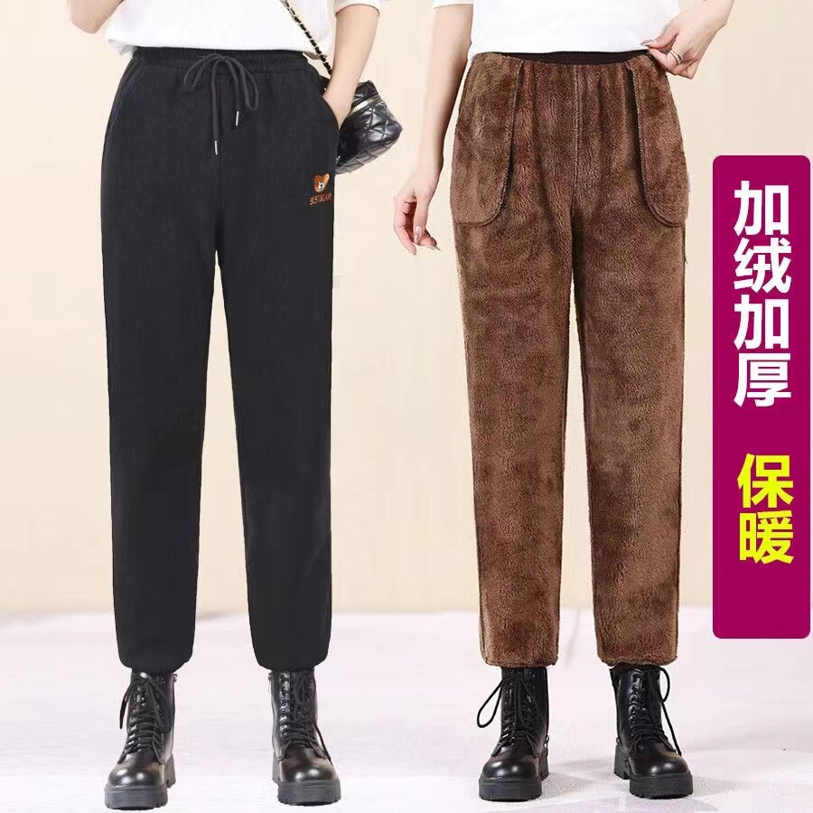 加绒加厚休闲裤女冬季爆款大码宽松束脚羊羔绒卫裤运动哈伦裤棉裤