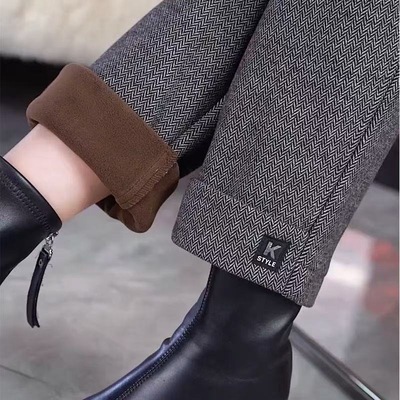 高档毛呢直筒裤女秋冬新款加绒加厚高腰显瘦百搭时尚休闲裤