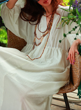 原创设计全棉连衣长裙拖地裙波西米亚度假白色棉长裙海边连衣裙