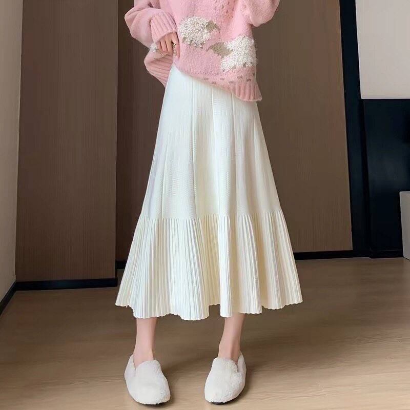 针织半身裙秋冬女小个子2026新款加厚毛线a字鱼尾半裙白色百褶裙