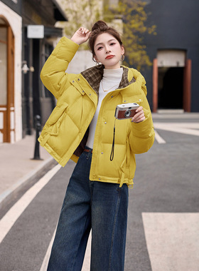 格子拼接女式羽绒服2025冬季保暖百搭立领短款面包服外套HE99857