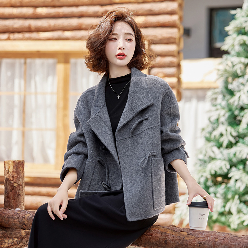 女式毛呢外套秋冬新款气质百搭小个子牛角扣双面羊毛呢大衣 ZQ38