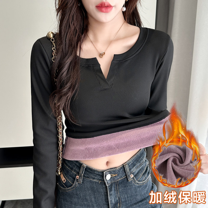 秋冬款保暖内衣女加绒加厚一体绒V领正肩长袖T恤修身百搭保暖上衣