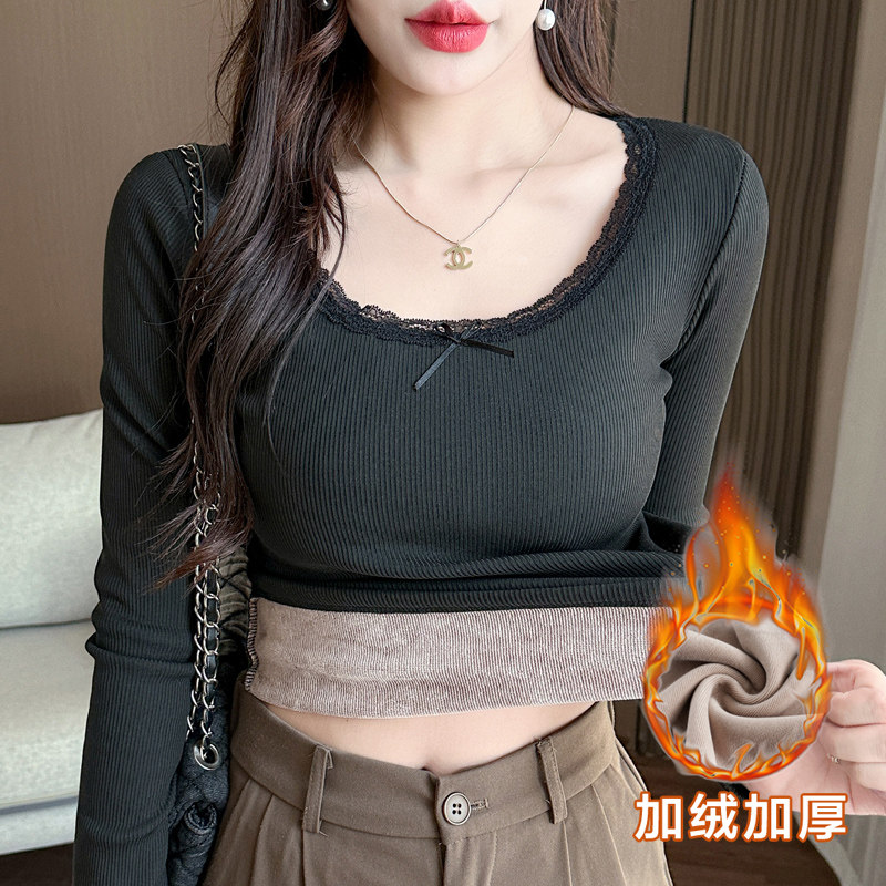 秋冬保暖上衣女加绒加厚纯欲风蕾丝边蝴蝶结长袖T恤内搭修身打底