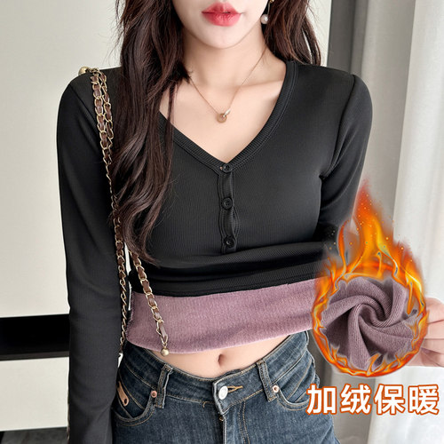 美式V领纽扣正肩加绒加厚长袖秋冬修身显瘦内搭打底衫保暖上衣女