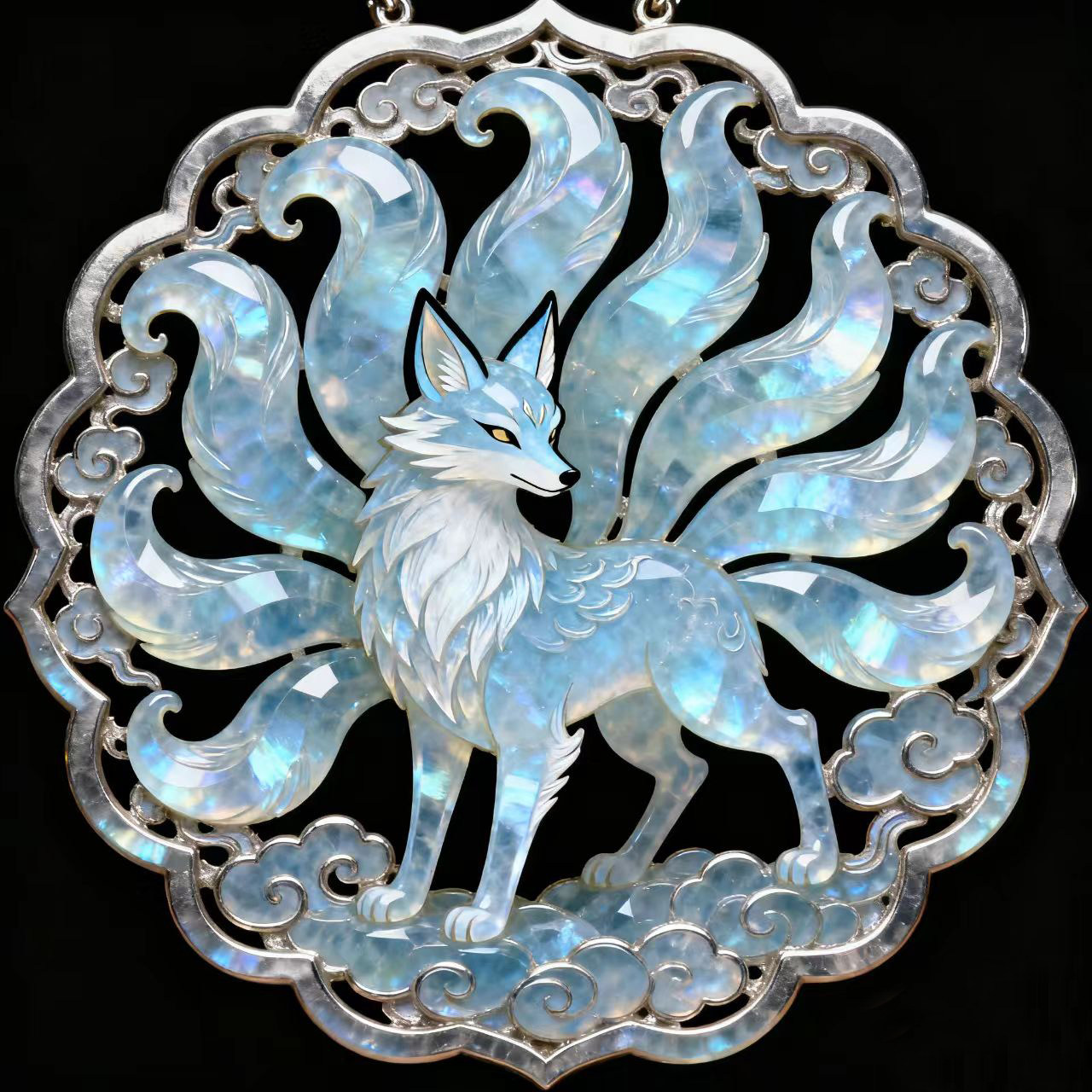 鲍氏天然白水晶九尾狐 手工定制雕刻狐狸 吊坠项链女款挂件平安扣