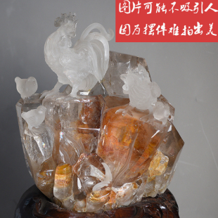 白水晶摆件 天然白水晶黄红礁礁花鸡群风水摆件 手工雕刻打磨