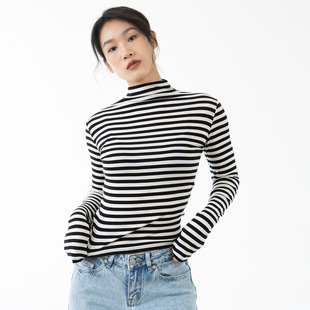 Ravehouse外穿内搭显瘦紧身天丝羊毛黑红条纹高领长袖上衣