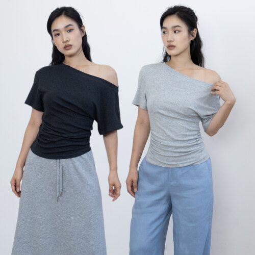 Ravehouse莱赛尔亚麻清爽斜肩露肩宽松褶皱收腰上衣短袖