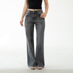 Ravehouse梨形显瘦显腿长四面弹颗粒感洗水黑灰牛仔裤长裤