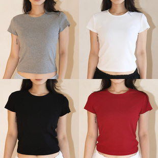 Ravehouse多色百搭单穿简约弹力纯棉正肩短袖短款小T恤上衣