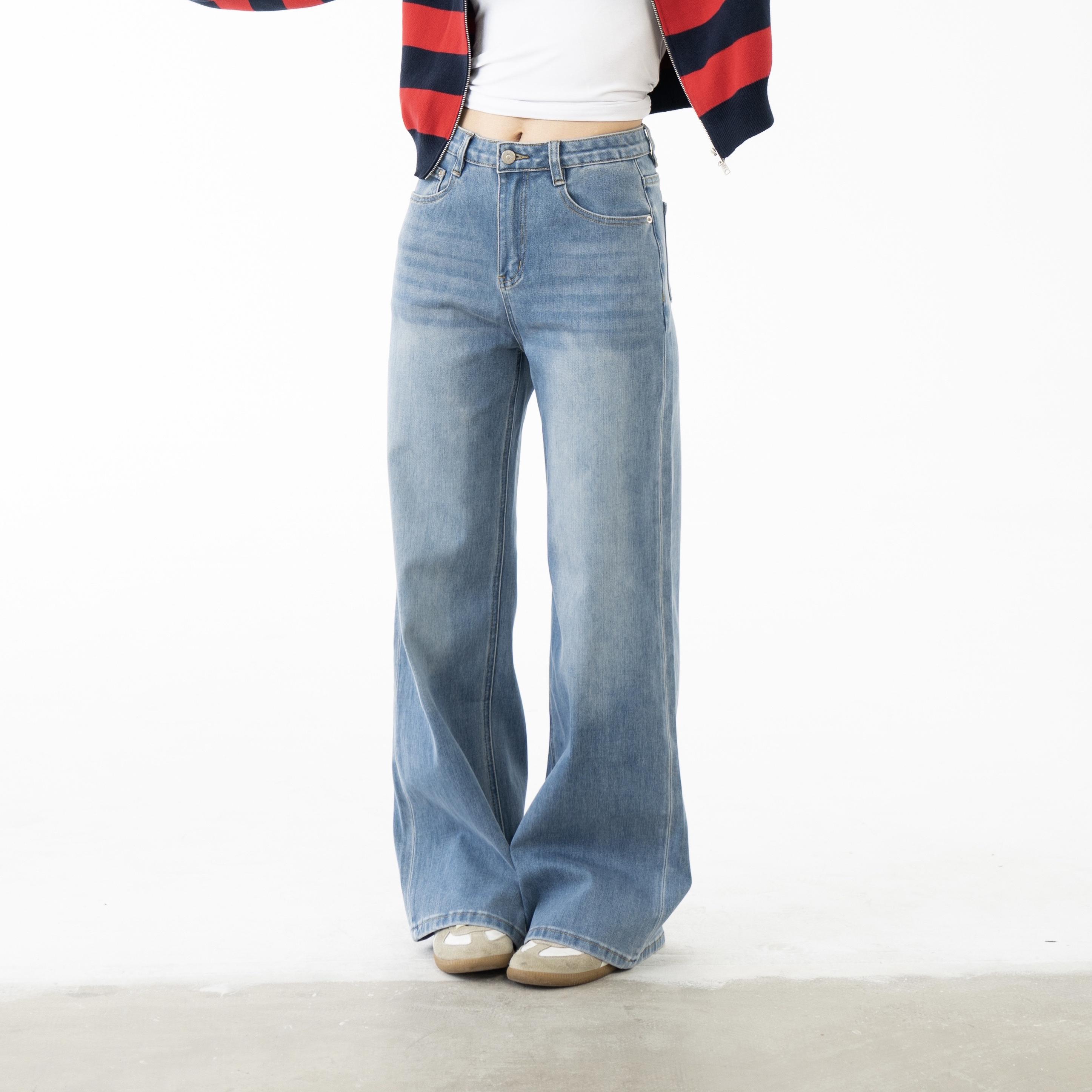 Ravehouse梨形身材胯宽腿粗浅蓝中腰阔腿四面弹大弹力舒适牛仔裤