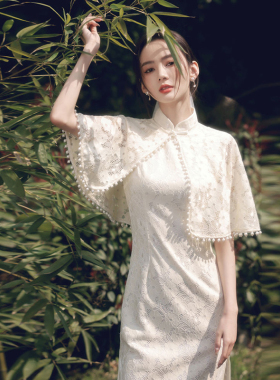 司藤同款夏季改良旗袍披肩礼服年轻少女款纯白色气质复古短连衣裙