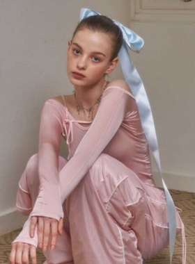 丝带美学~法式奶蓝色大蝴蝶结超长飘带发夹后脑勺顶夹芭蕾风头饰