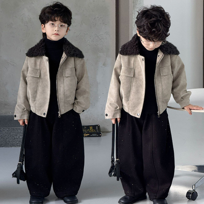 痞帅男童加绒外套秋冬新款儿童韩版潮流套装帅气小男孩加厚夹克衫