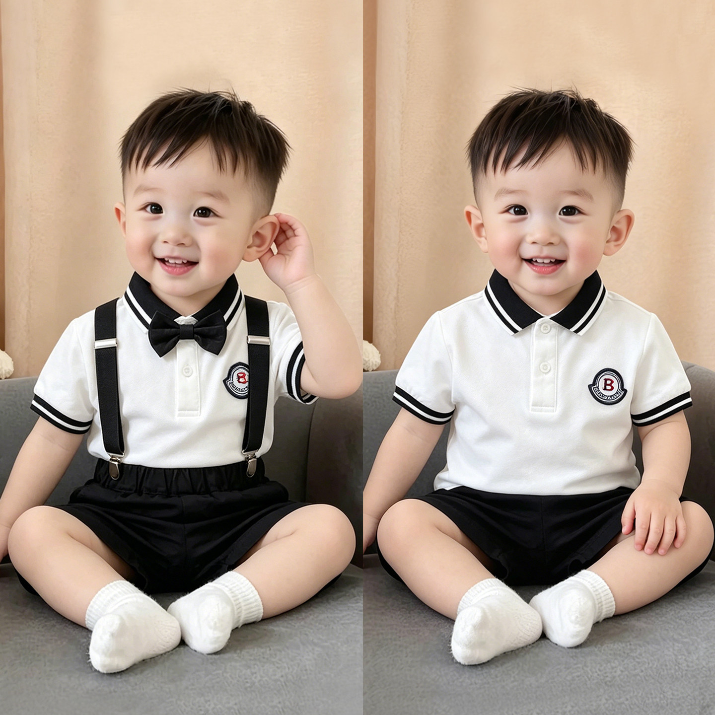 儿童礼服男宝生日抓周背带裤夏季男童短袖polo衫套装洋气小孩衣服