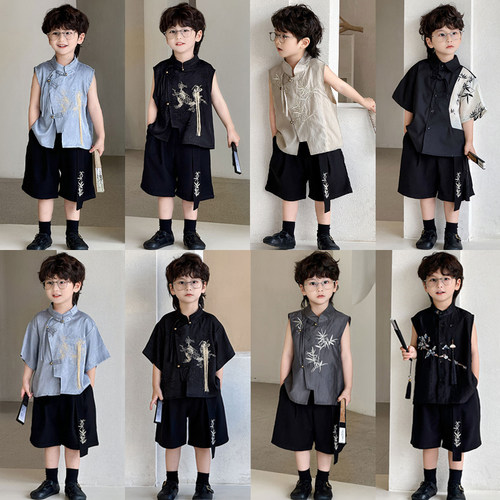 夏季唐装男童新中式套装儿童汉服复古国风短袖衬衫小男孩演出服潮