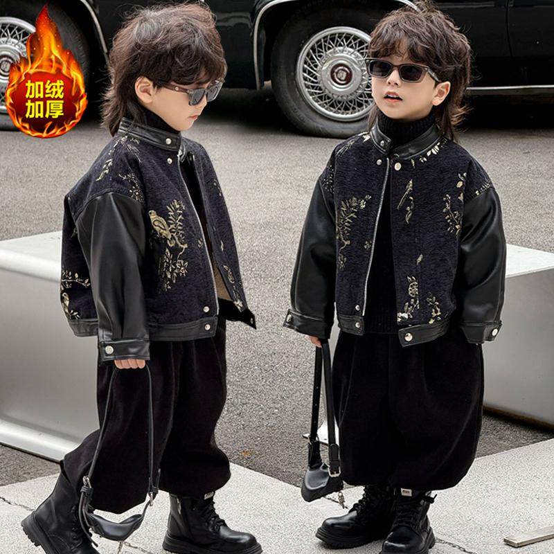 男童加绒皮外套2025新款秋冬儿童酷帅国风皮夹克男宝宝加厚拜年服