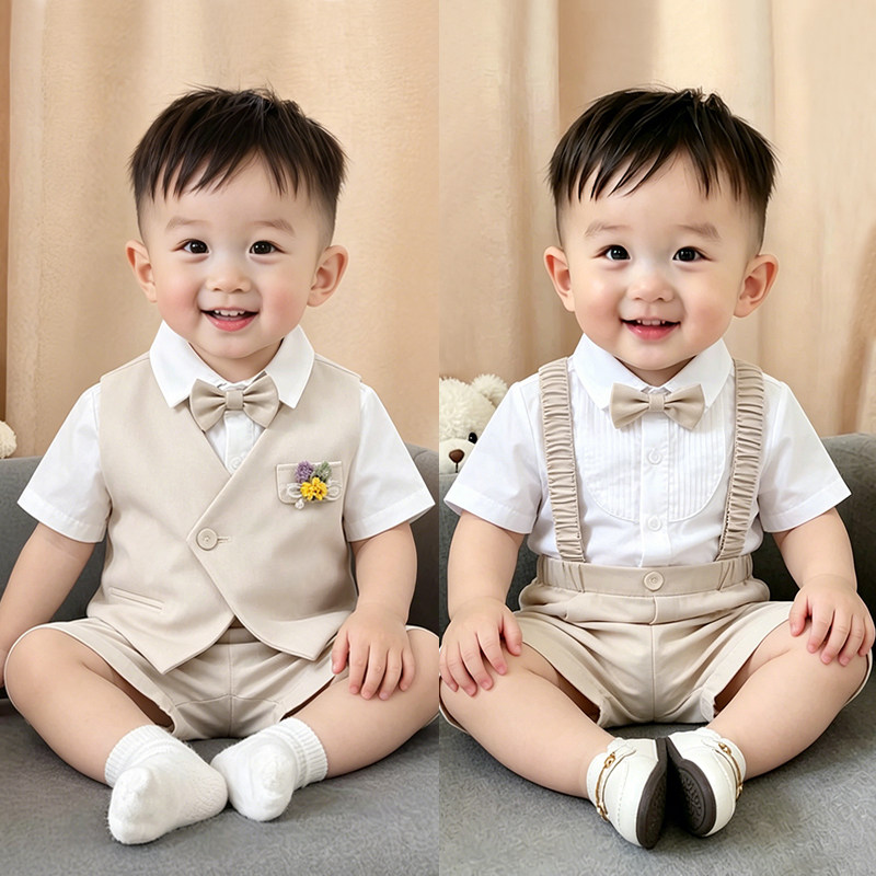 男童小西装套装夏季短袖背带裤洋气周岁男宝生日宴礼服儿童演出服