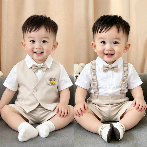 男童小西装套装夏季短袖背带裤