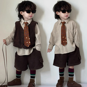 潮帅气时髦春秋儿童衬衫 男童西装 套装 马甲三件套男宝周岁生日礼服