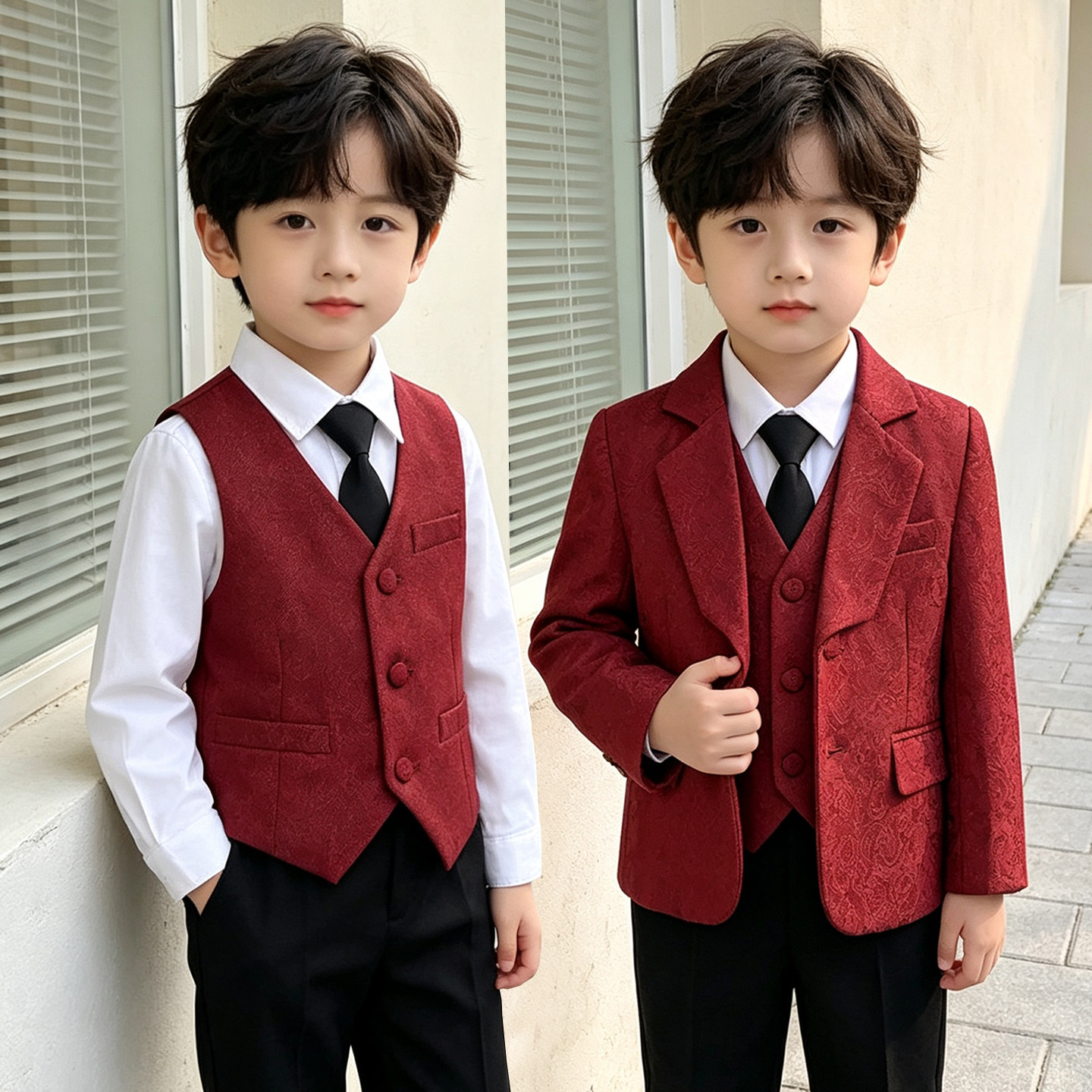 高级感男童西装套装儿童红色礼服