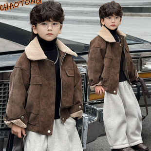 男童加绒外套秋冬韩版炸街儿童皮衣夹克潮酷帅高级感男孩冬装套装