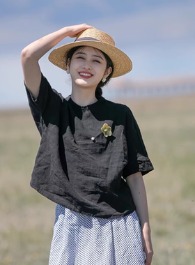 2026新款小众亚麻上衣女复古立领短袖衬衫黑色棉麻T恤文艺小衫女