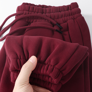 「红玫瑰」复古酒红！中国红350g重磅加绒加厚束脚休闲运动卫裤女