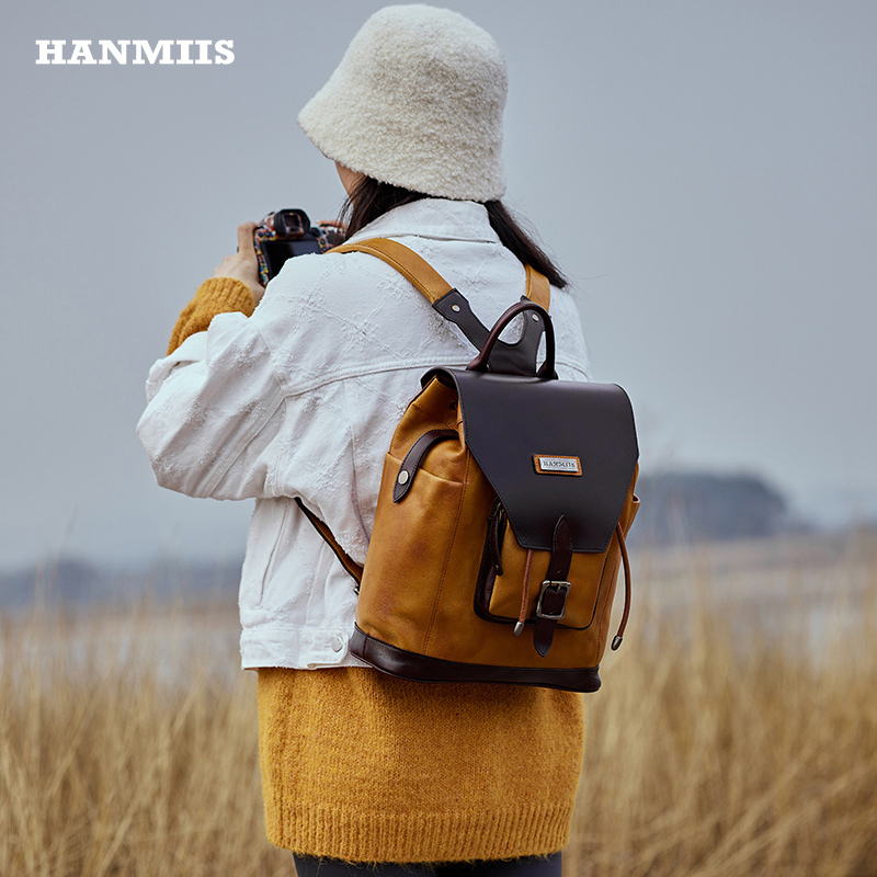 HANMIIS头层牛皮女背包旅游休闲包新款真皮双肩包设计感小众复古