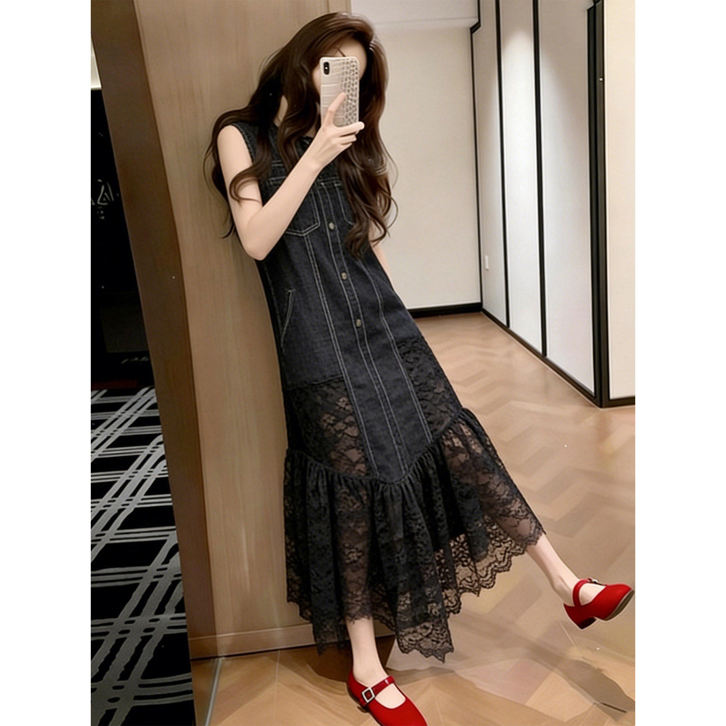 通勤A字裙高腰气质黑色花边牛仔蕾丝拼接连衣裙女独特无袖长裙子