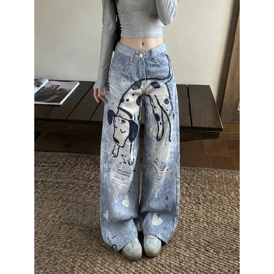 美式复古涂鸦斑点狗牛仔裤女高腰显瘦阔腿裤设计感小众炸街长裤潮