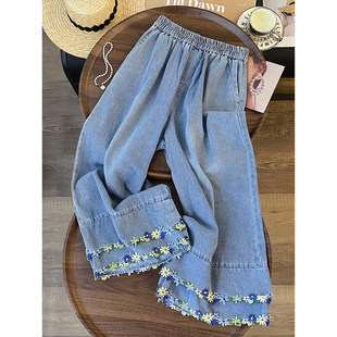 长裤直筒松紧腰花边刺绣牛仔裤休闲蓝色女裤宽松高腰阔腿九分裤子