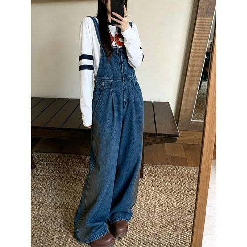 韩系温柔风深蓝色背带裤女春秋新款宽松大码遮肚子显瘦连体裤子潮