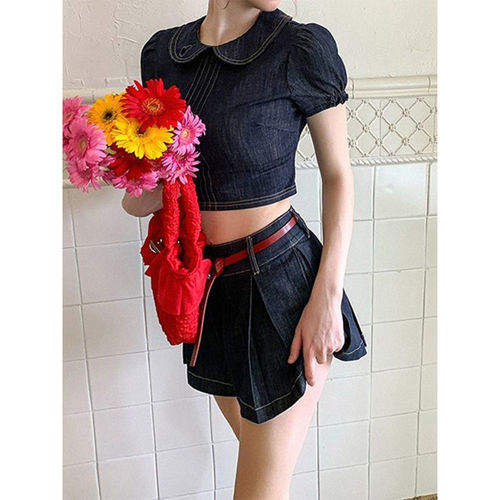 深蓝学院风娃娃领牛仔两件套