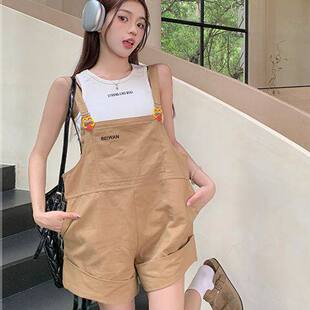 复古高级感休闲连体裤 2026通勤卡其色阔腿背带短裤 新款 时尚 女夏季