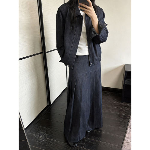 韩系慵懒风牛仔两件套女款秋季设计感翻领夹克百褶长裙显瘦套装裙