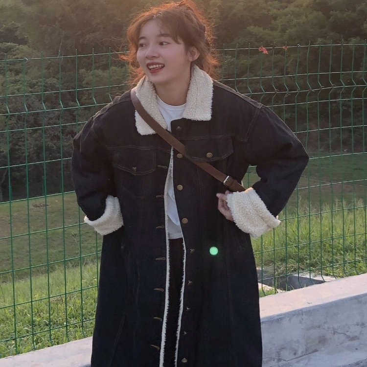 微胖过膝长款羊羔毛棉服女秋冬季韩系宽松百搭直筒大口袋牛仔外套